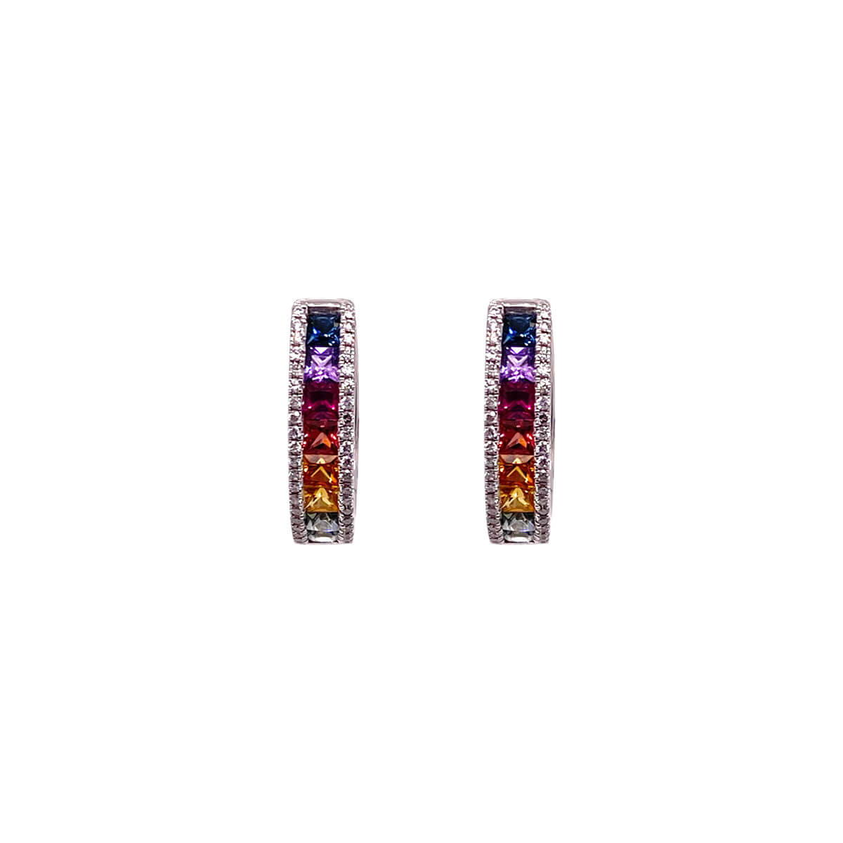 Square Cut Rainbow Sapphire & Brilliant Cut Diamond Hoop Earrings