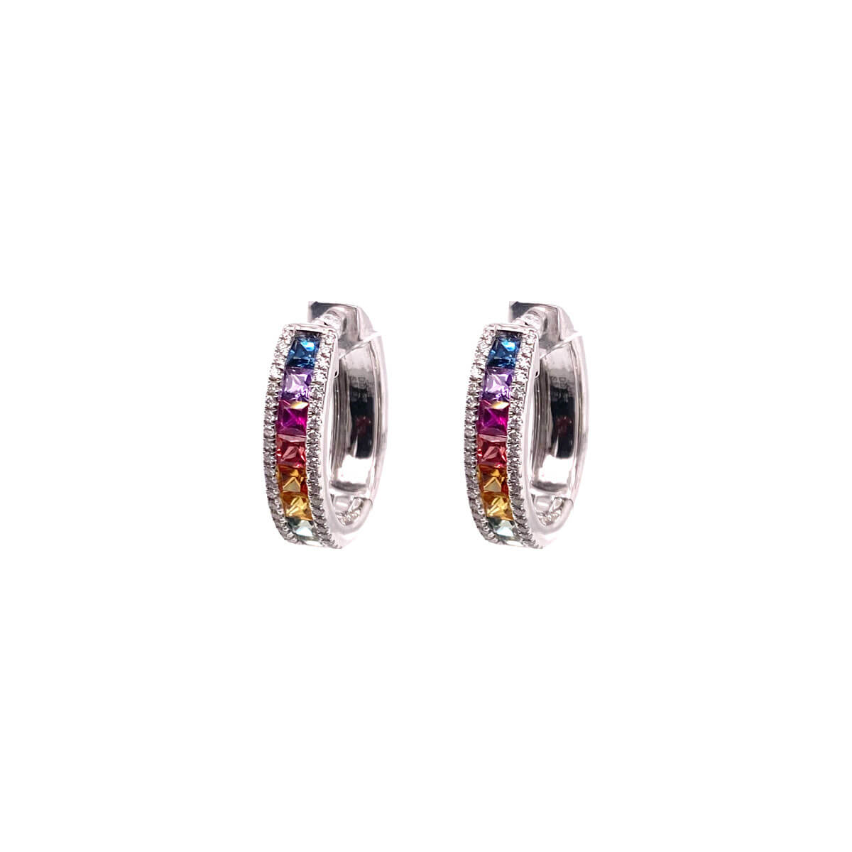 1.24ct Square Cut Rainbow Sapphire & Brilliant Cut Diamond Hoop Earrings