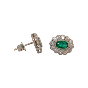 Oval Emerald & Round Brilliant Cut Diamond Cluster Stud Earrings