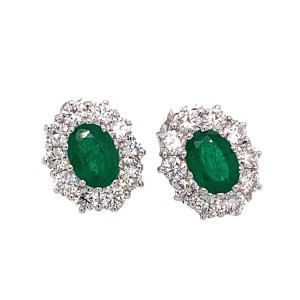 1.30ct Oval Emerald & Round Brilliant Cut Diamond Cluster Earrings