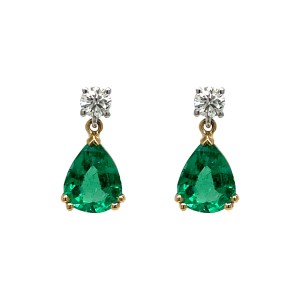 2.84ct Pear Shaped Emerald & Round Brilliant Cut Diamond Drop Earrings