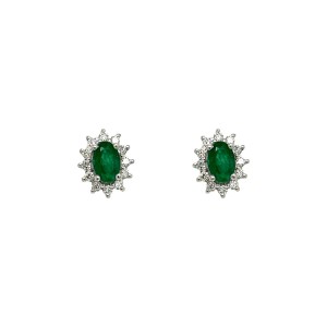 0.94ct Oval Emerald & Round Brilliant Cut Diamond Cluster Earrings