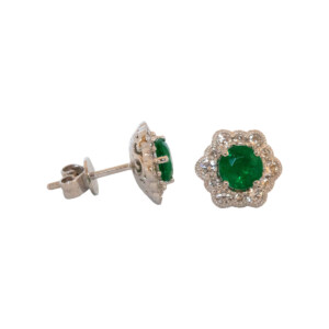 0.88ct Round Emerald & Round Brilliant Cut Diamond Cluster Stud Earrings