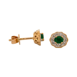 0.31ct Oval Emerald & Round Brilliant Cut Diamond Cluster Stud Earrings