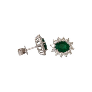 2.42ct Oval Emerald & Round Brilliant Cut Diamond Cluster Stud Earrings