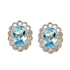 1.40ct Oval Aquamarine & Round Brilliant Cut Diamond Cluster Earrings