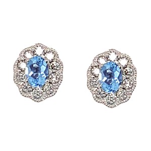 0.34ct Oval Aquamarine & Round Brilliant Cut Diamond Cluster Stud Earrings