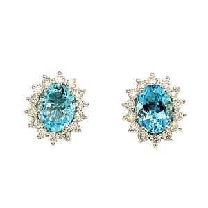 2.39ct Oval Aquamarine & Round Brilliant Cut Diamond Cluster Stud Earrings