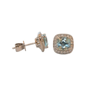 0.98ct Cushion Cut Aquamarine & Round Brilliant Cut Diamond Cluster Stud Earrings