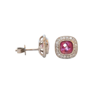 2.02ct Cushion Cut Topaz & Round Brillianr Cut Diamond Cluster Stud Earrings