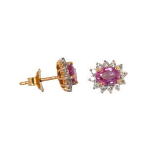 2.21ct Pink Oval Sapphire & Round Brilliant Cut Diamond Cluster Stud Earrings