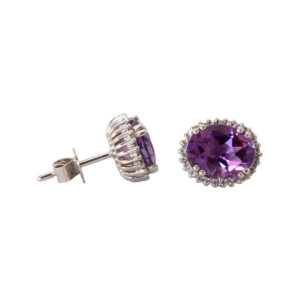 3.27ct Oval Amethyst & Round Brilliant Cut Diamond Cluster Stud Earrings