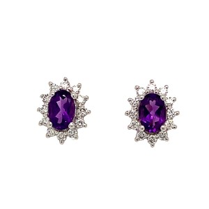 0.85ct Oval Amethyst & Round Brilliant Cut Diamond Cluster Earrings