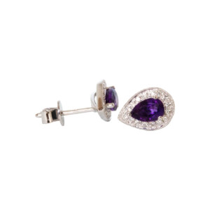 0.86ct Pear Shaped Ametyst & Round Brilliant Cut Diamond Cluster Earrings