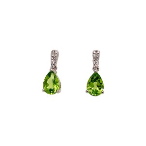 1.70ct Pear Shaped Peridot & Round Brilliant Cut Diamond Drop Earrings