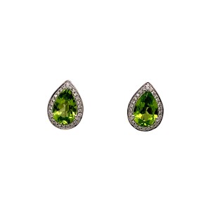 2.85ct Pear Shaped Peridot & Round Brilliant Cut Diamond Cluster Earrings