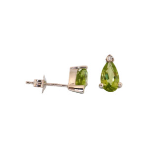 Pear Shaped Peridot & Round Brilliant Cut Diamond Stud Earrings