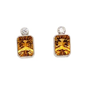 0.10ct Round Brilliant Cut Diamond & Emerald Cut Citrine Stud Earrings