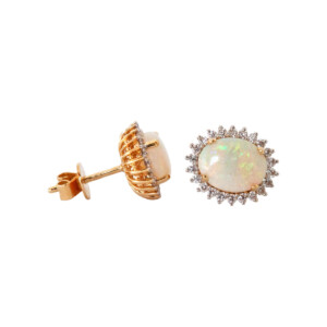 Oval Opal & Round Brilliant Cut Diamond Cluster Stud Earrings