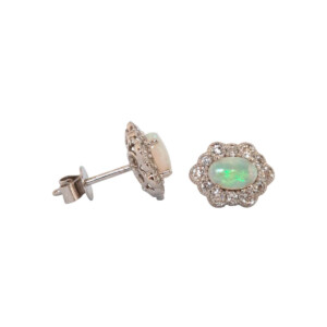 0.52ct Oval Opal & Round Brilliant Cut Diamond Cluster Stud Earrings