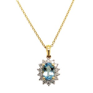 0.72ct Oval Aquamarine & Round Brilliant Cut Diamond Cluster Pendant