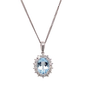 1.16ct Oval Aquamarine & Round Brilliant Cut Diamond Cluster Pendant