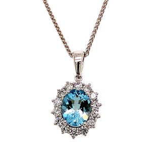 1.42ct Oval Aquamarine & Round Brilliant Cut Diamond Cluster Pendant