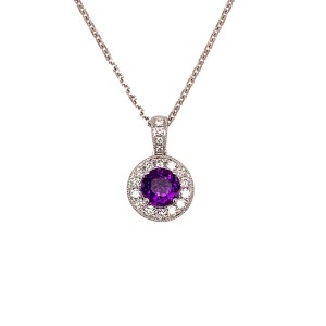 0.47ct Round Amethyst & Round Brilliant Cut Diamond Halo Cluster Pendant