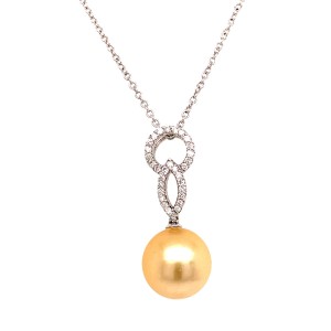 18ct White Gold Golden Culture Pearl & Round Brilliant Cut Diamond Pendant
