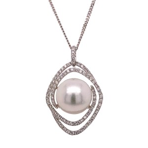18ct White Gold Southsea Pearl & Round Brilliant Cut Diamond Pendant