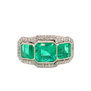 4.17ct Emerald & Diamond Art Deco Design Trilogy Ring