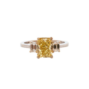 1.76ct Radiant Cut Yellow & Emerald Cut Diamond Trilogy Ring