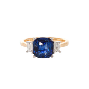 2.75ct Cushion Cut Sapphire & Emerald Cut Diamond Trilogy Ring
