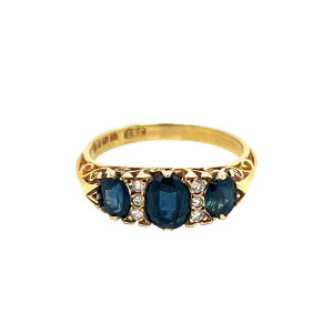 Oval Sapphire & Round Cut Diamond Carved Half Hoop Ring