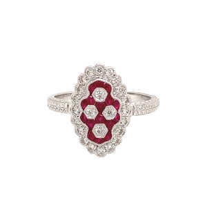 0.19ct Round Ruby and Round Brilliant Cut Diamond Art Deco Style Diamond Cluster Ring