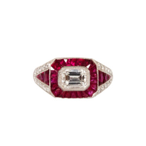 0.72ct Emerald Cut Diamond & Clibre Cut Ruby Cluster Ring