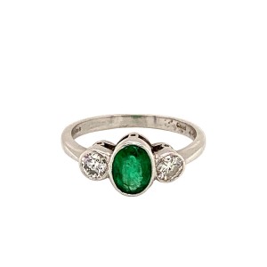 0.65ct Oval Emerald & Round Brilliant Cut Diamond Trilogy Ring