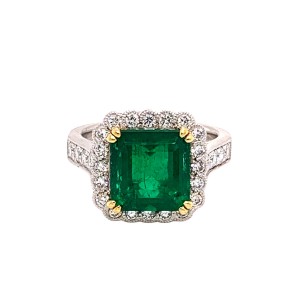 3.37ct Square Emerald & Diamond Halo Cluster Ring