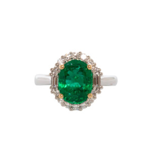 2.85ct Oval Emerald, Round Brilliant Cut & Emerald Cut Diamond Cluster Ring