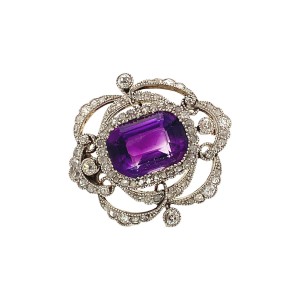5.50ct Cushion Shaped Amethyst & Old Cut Diamond Brooch