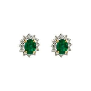 Oval Emerald & Round Brilliant Cut Diamond Cluster Earrings