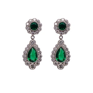 Pear Shaped Emerald & Round Brilliant Cut Diamond Drop Earrings