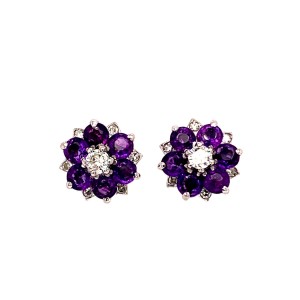 Round Amethyst & Round Brilliant Cut Diamond Cluster Stud Earrings