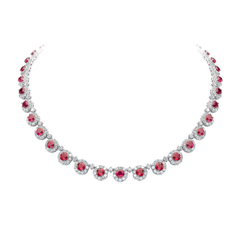 20.65ct Round Ruby & Round Brilliant Cut Diamond Cluster Necklace