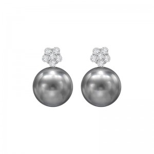 18ct White Gold Dark Tahitian Pearl & Diamond Drop Earrings