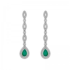 0.65ct Pear Shaped Emerald & Round Brilliant Cut Diamond Drop Earrings