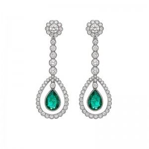 2.30ct Pear Shaped Emerald & Round Brilliant cut Diamond Drop Earrings